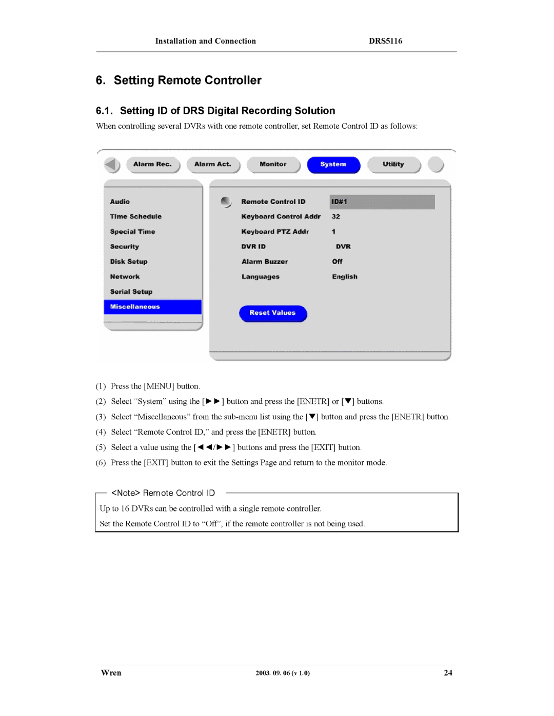 Wren Associates DRS5004, DRS5116, DRS5016, DRS5008 Setting Remote Controller, Setting ID of DRS Digital Recording Solution 