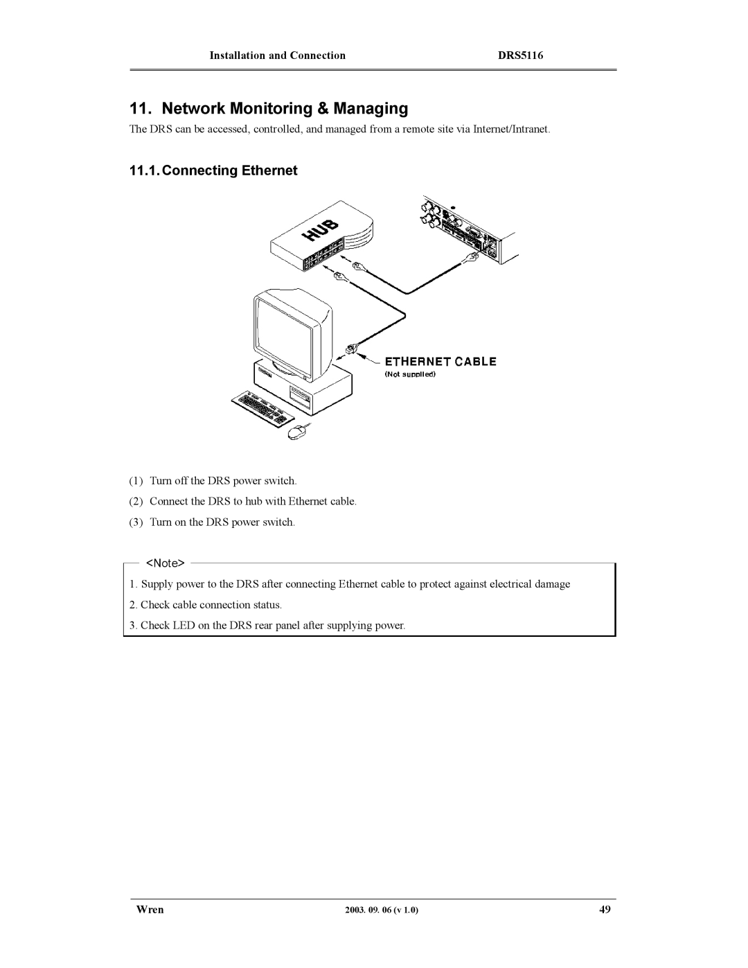 Wren Associates DRS5116, DRS5004, DRS5016, DRS5008 manual Network Monitoring & Managing, Connecting Ethernet 