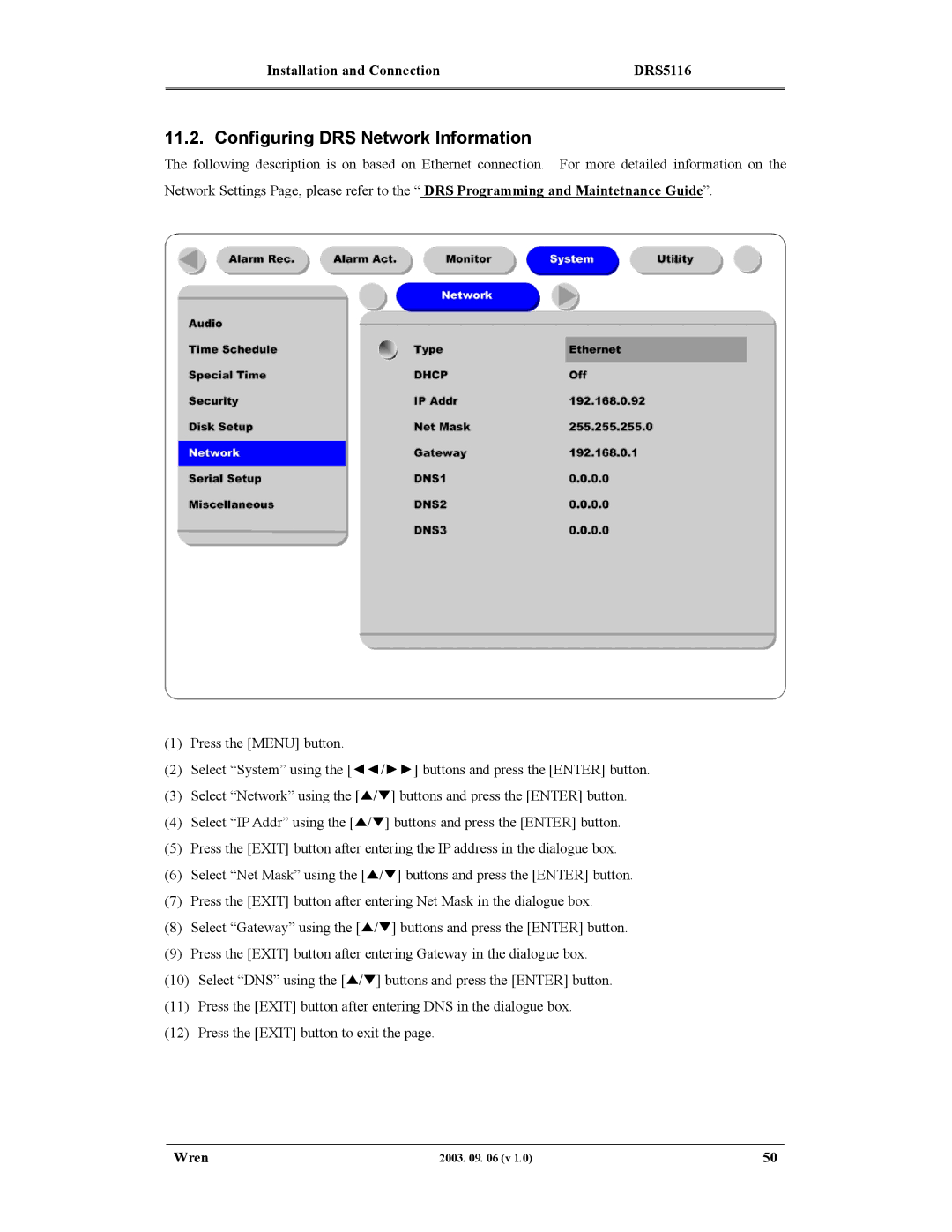 Wren Associates DRS5016, DRS5004, DRS5116, DRS5008 manual Configuring DRS Network Information 