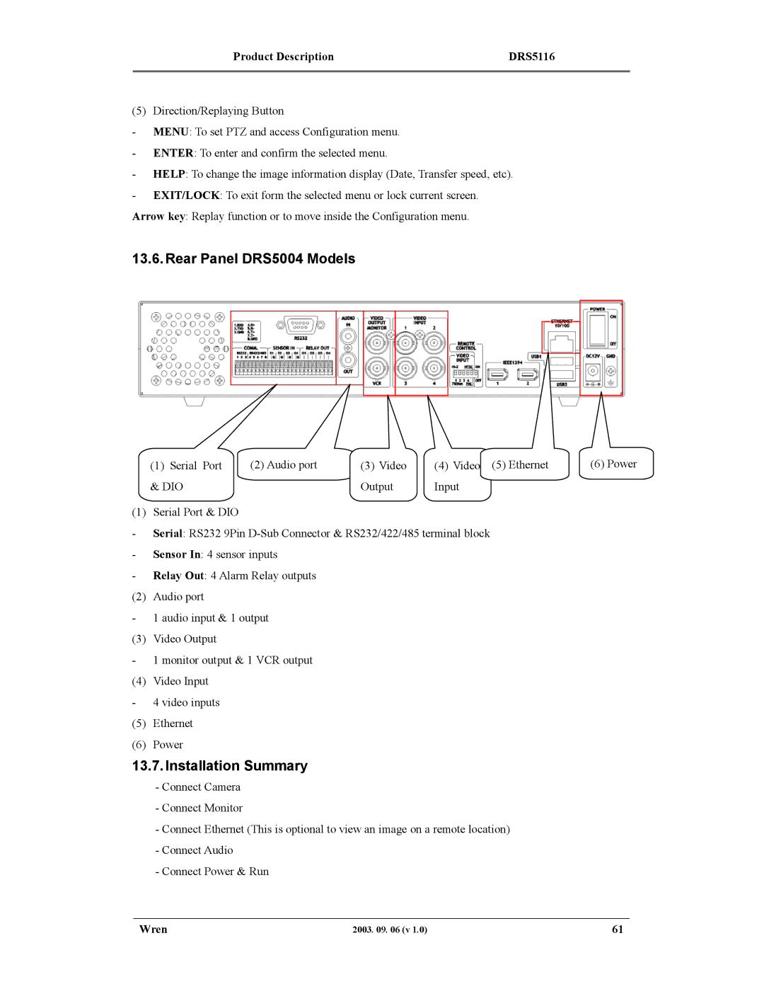 Wren Associates DRS5116, DRS5016, DRS5008 manual Rear Panel DRS5004 Models, Installation Summary 