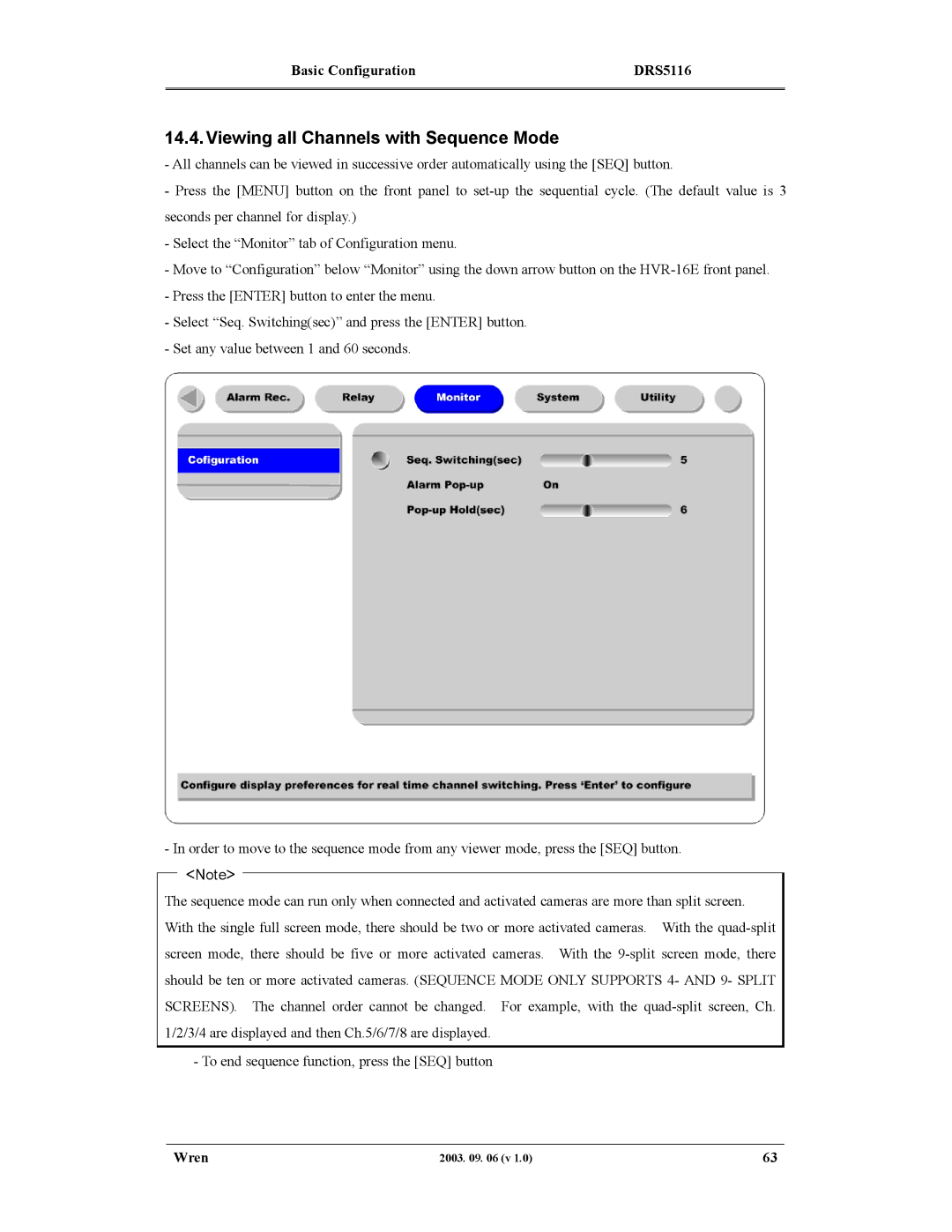 Wren Associates DRS5008, DRS5004, DRS5116, DRS5016 manual Viewing all Channels with Sequence Mode 