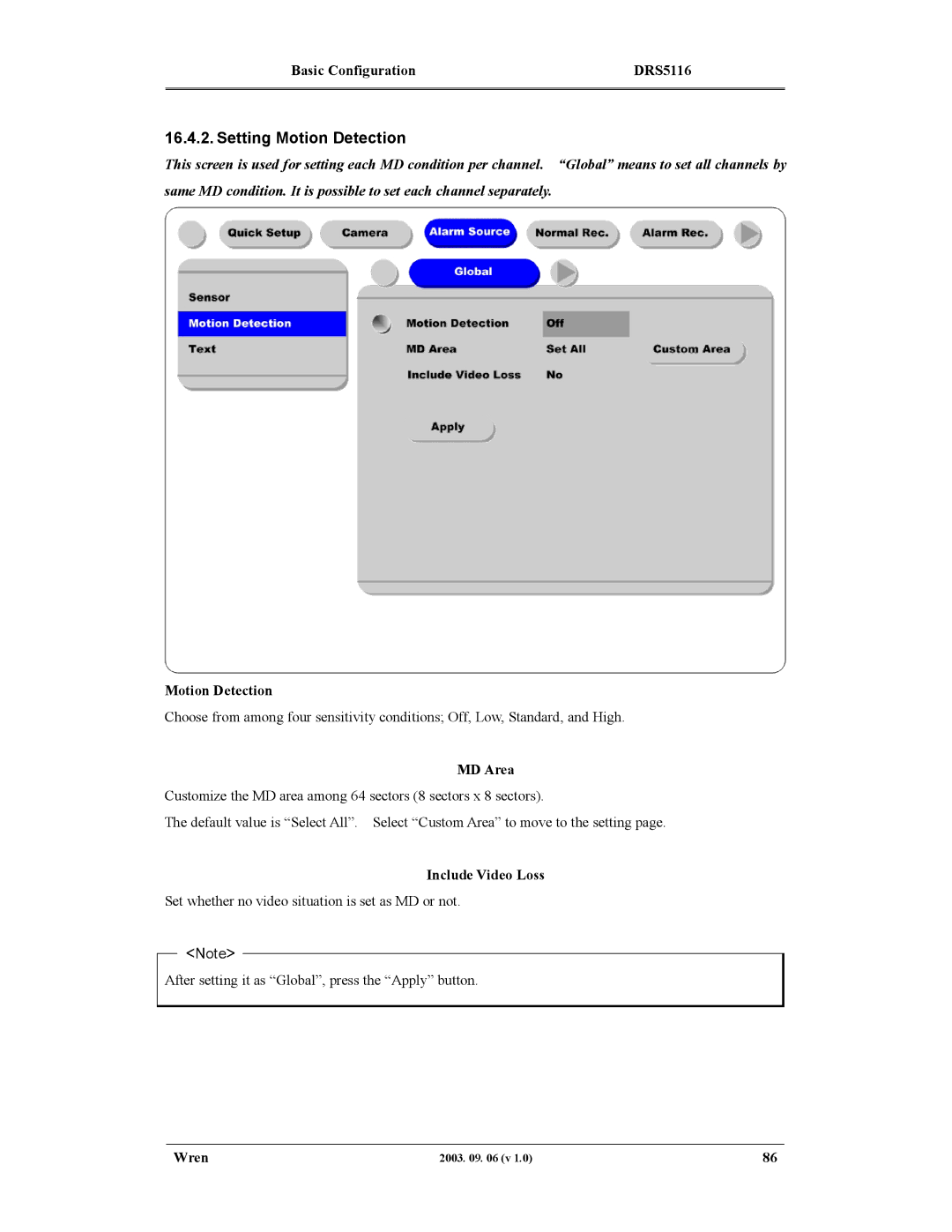 Wren Associates DRS5016, DRS5004, DRS5116, DRS5008 manual Setting Motion Detection, MD Area, Include Video Loss 