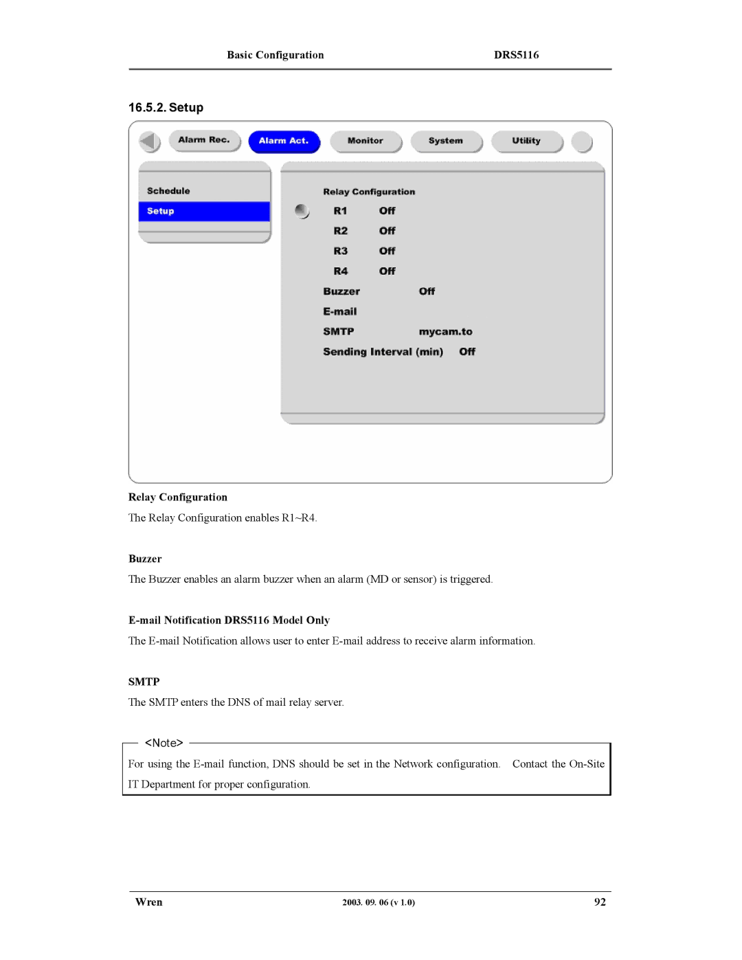 Wren Associates DRS5004, DRS5016, DRS5008 manual Setup, Relay Configuration, Buzzer, Mail Notification DRS5116 Model Only 