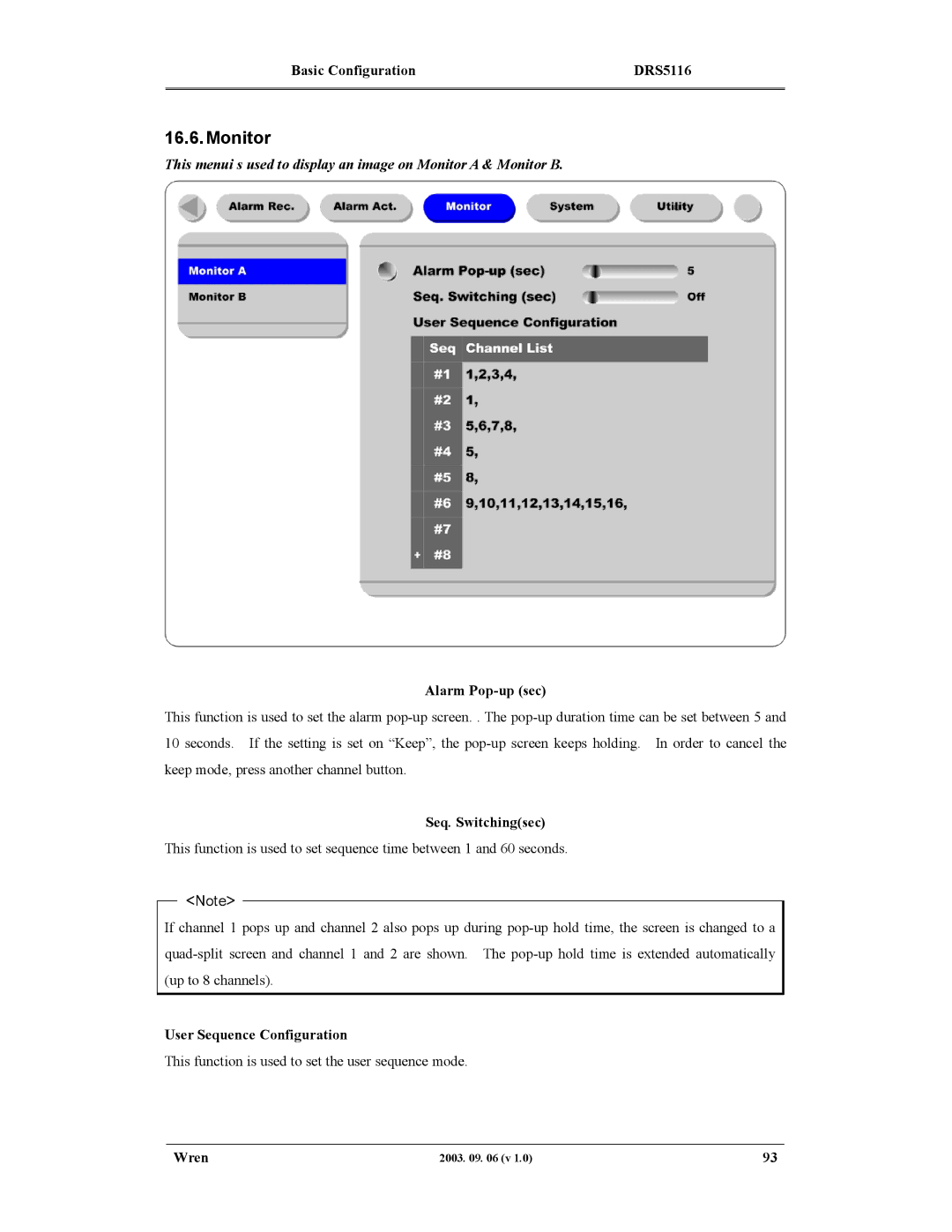 Wren Associates DRS5116, DRS5004, DRS5016, DRS5008 manual Alarm Pop-up sec, Seq. Switchingsec, User Sequence Configuration 