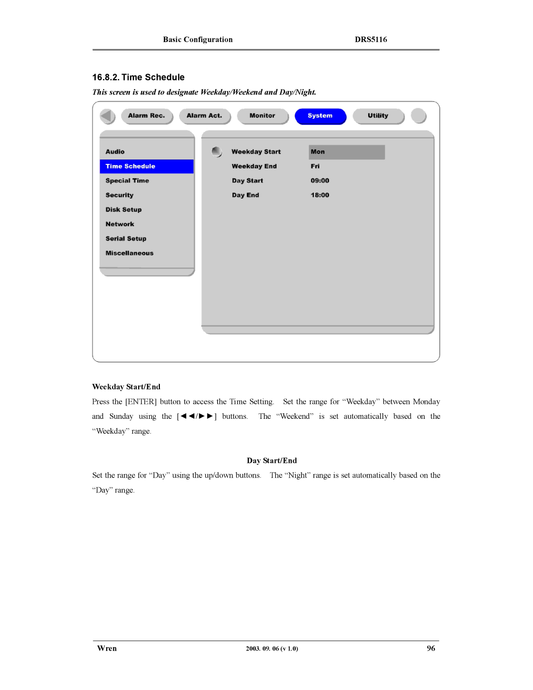 Wren Associates DRS5004, DRS5116, DRS5016, DRS5008 manual Time Schedule, Weekday Start/End 