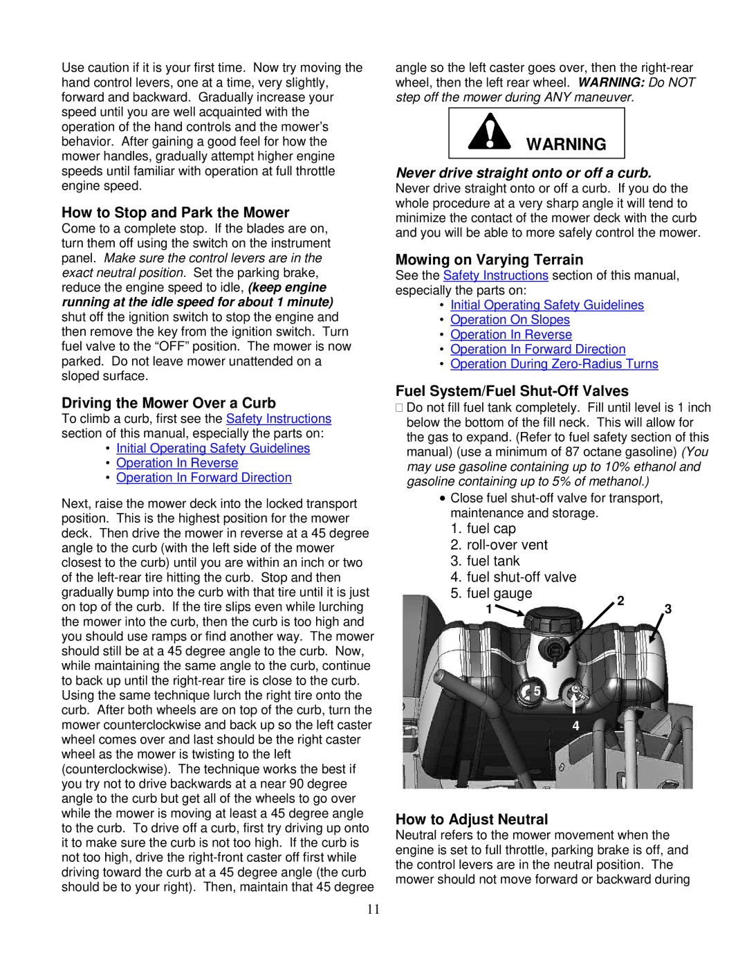 Wright Manufacturing 14SH654 How to Stop and Park the Mower, Driving the Mower Over a Curb, Mowing on Varying Terrain 