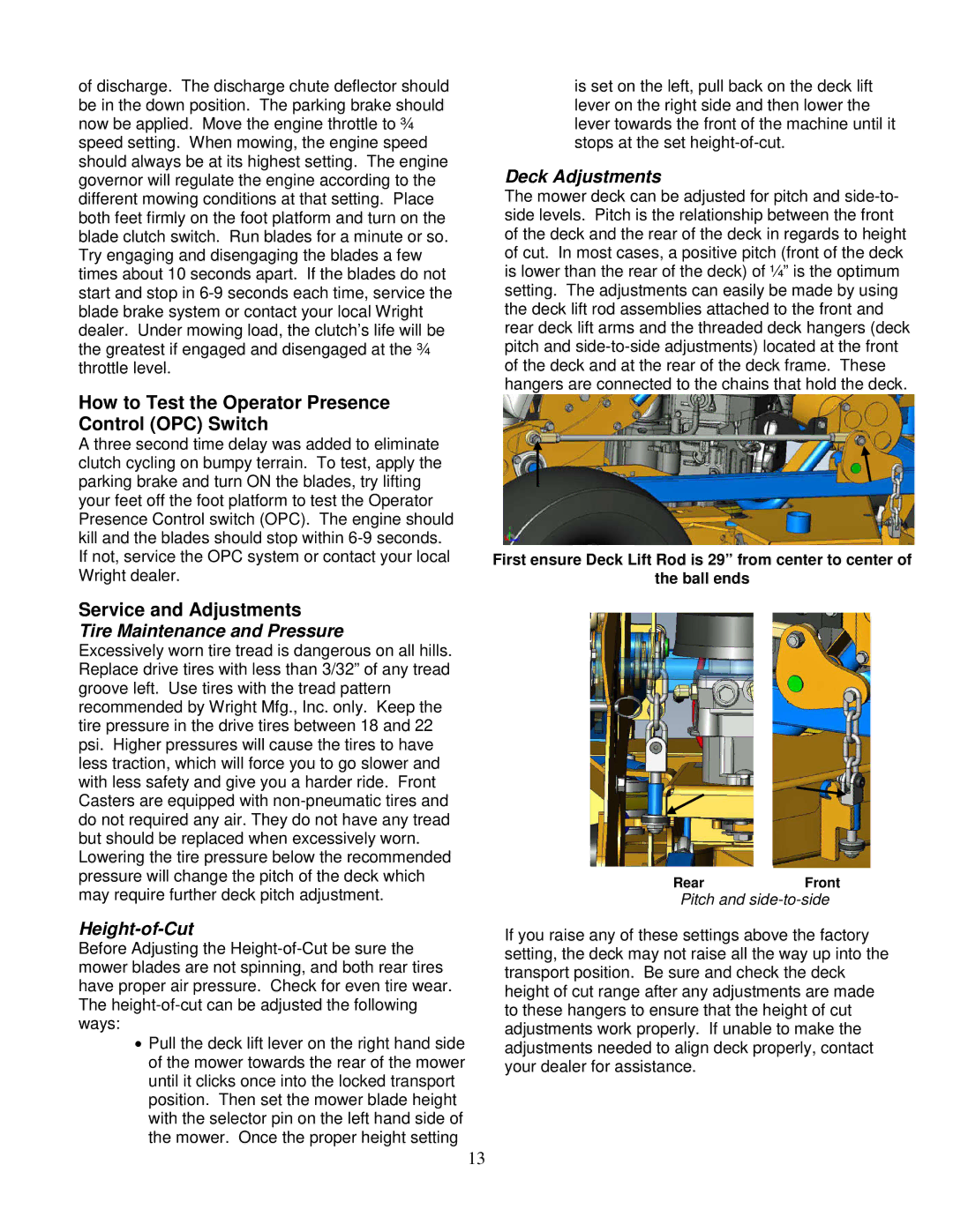 Wright Manufacturing 14SH654 owner manual How to Test the Operator Presence Control OPC Switch, Service and Adjustments 