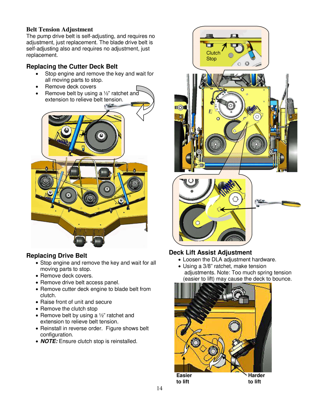 Wright Manufacturing 14SH654 owner manual Replacing the Cutter Deck Belt, Replacing Drive Belt, Deck Lift Assist Adjustment 