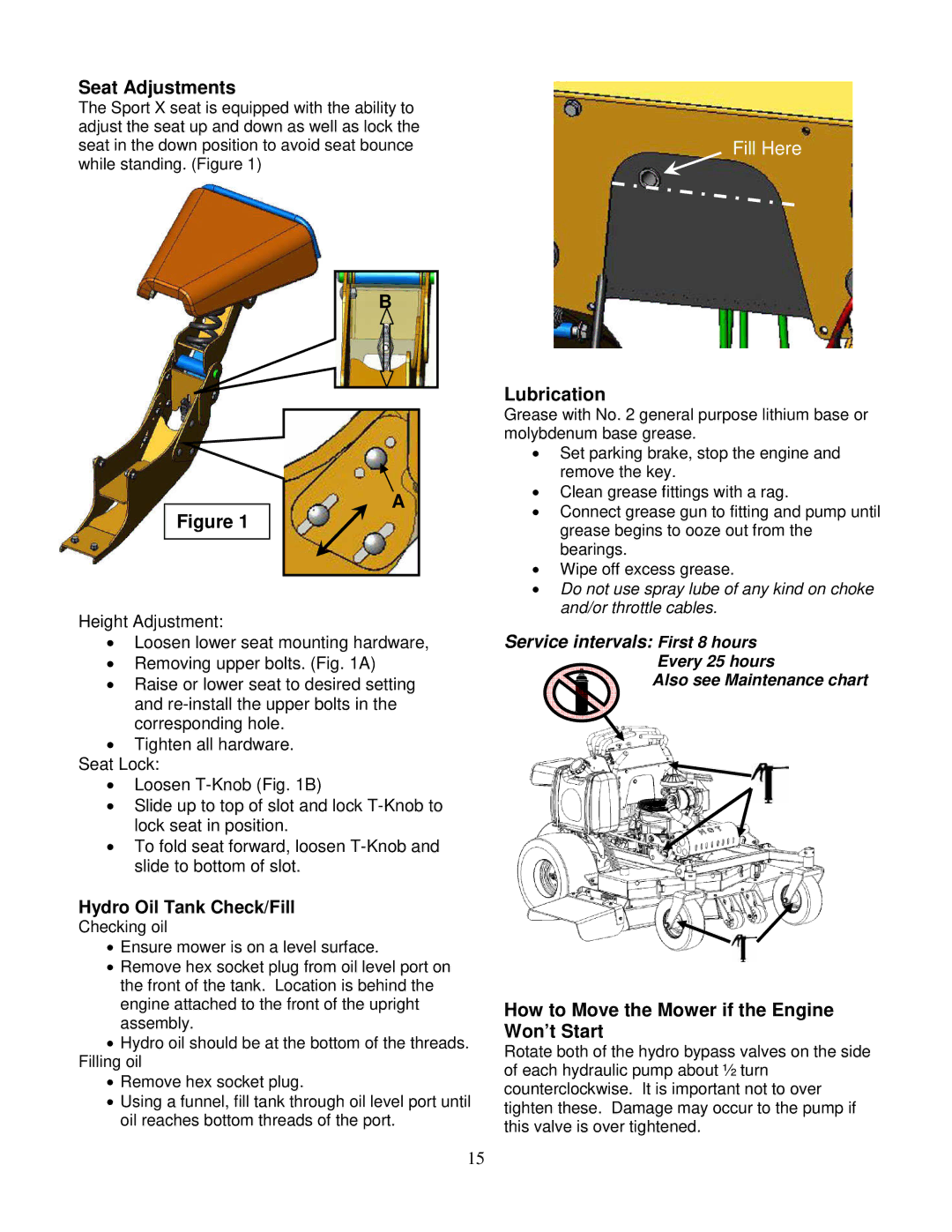 Wright Manufacturing 14SH654 owner manual Seat Adjustments, Lubrication, How to Move the Mower if the Engine Won’t Start 