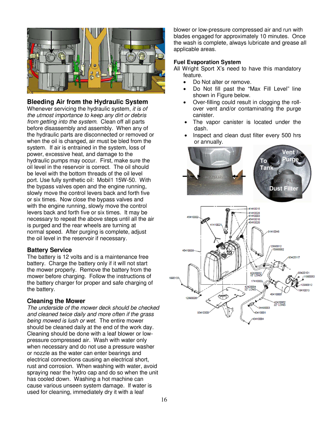 Wright Manufacturing 14SH654 owner manual Bleeding Air from the Hydraulic System, Battery Service 