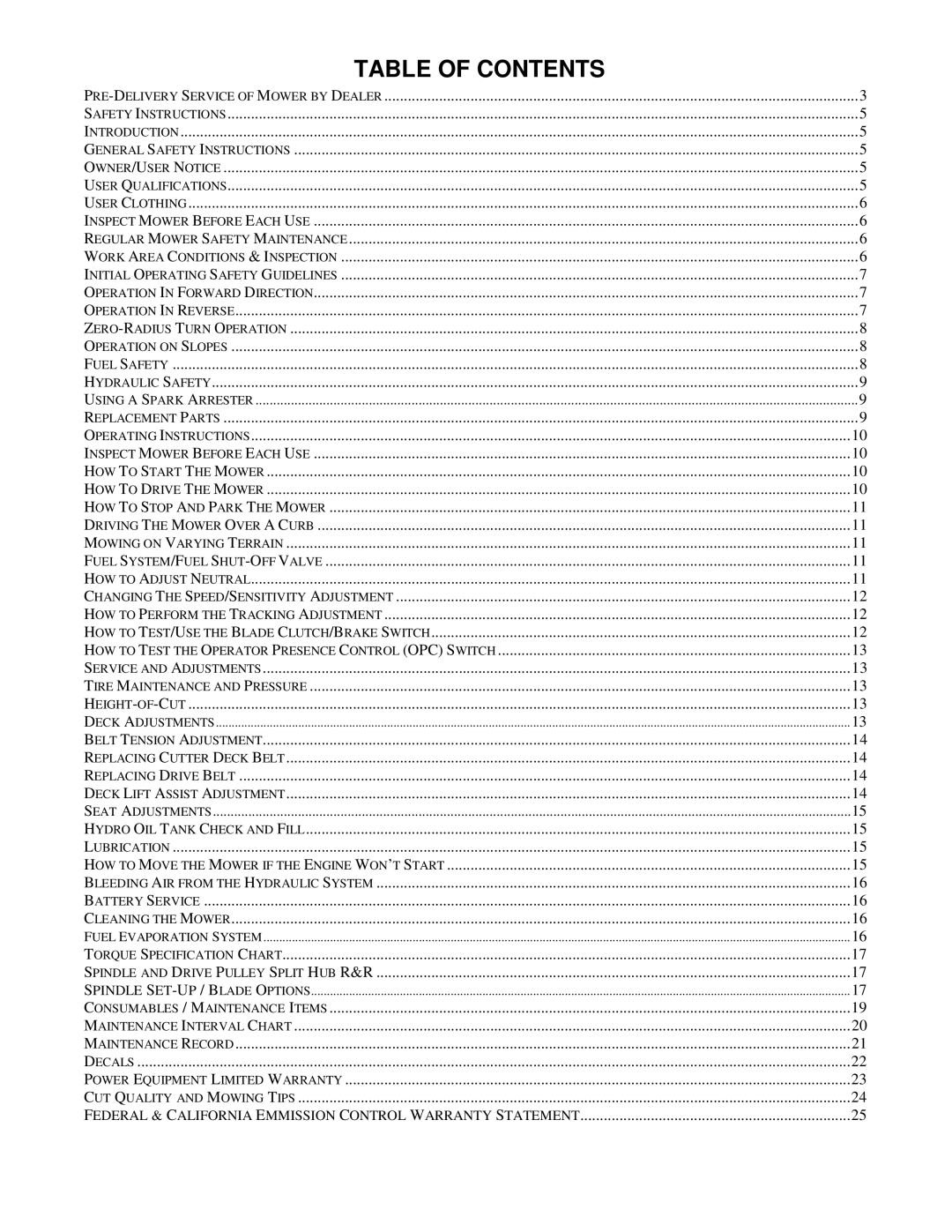 Wright Manufacturing 14SH654 owner manual Table of Contents 