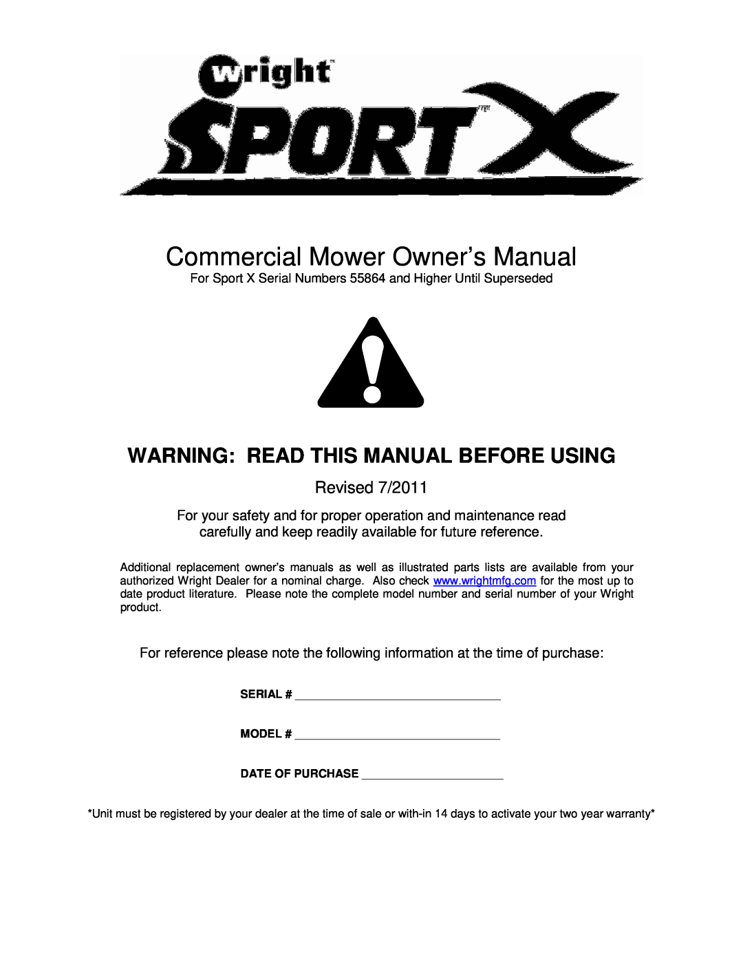 Wright Manufacturing 14SH654 owner manual Warning Read This Manual Before Using, Revised 7/2011 
