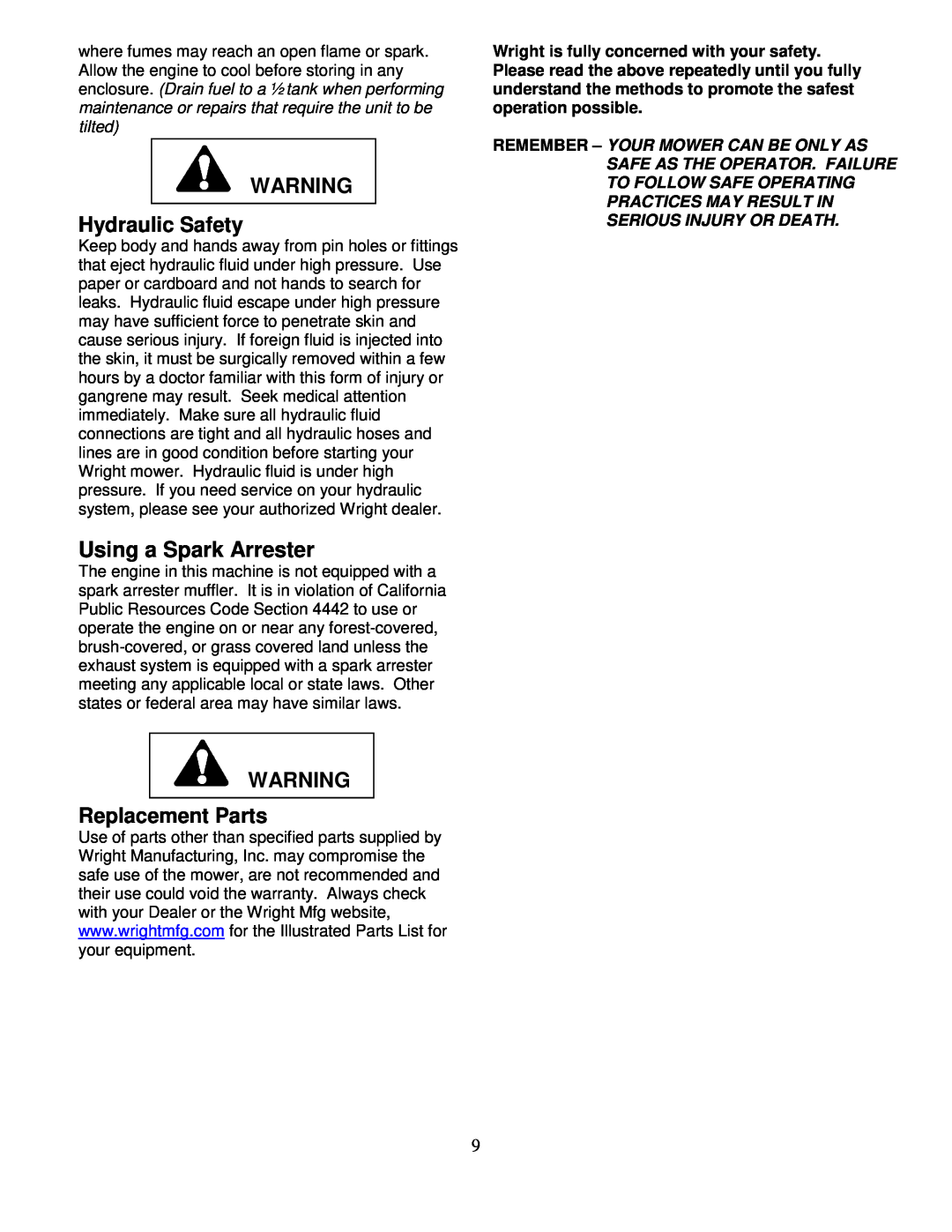 Wright Manufacturing 14SH654 owner manual Using a Spark Arrester, Hydraulic Safety, Replacement Parts 