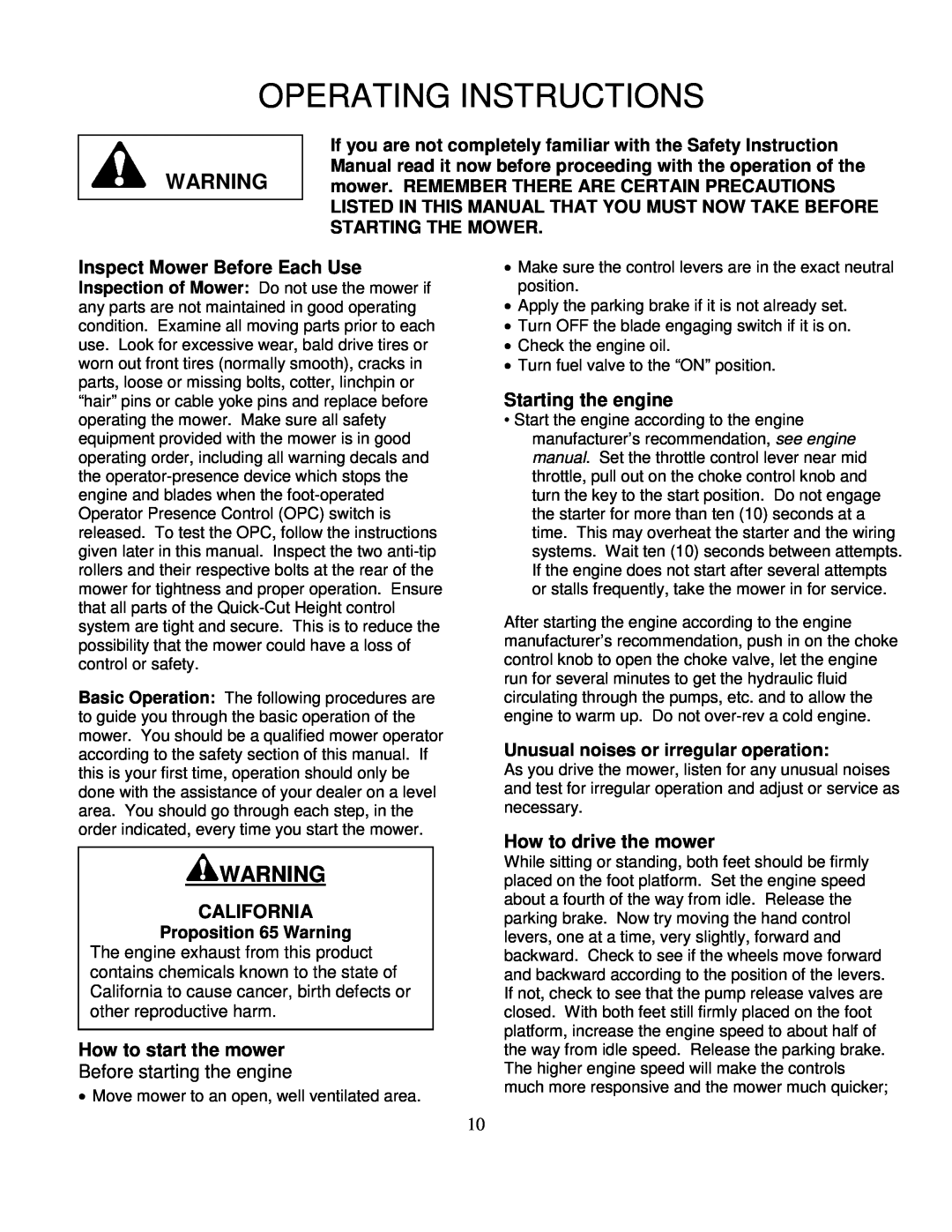 Wright Manufacturing 14SH654 Operating Instructions, Inspect Mower Before Each Use, California, How to start the mower 