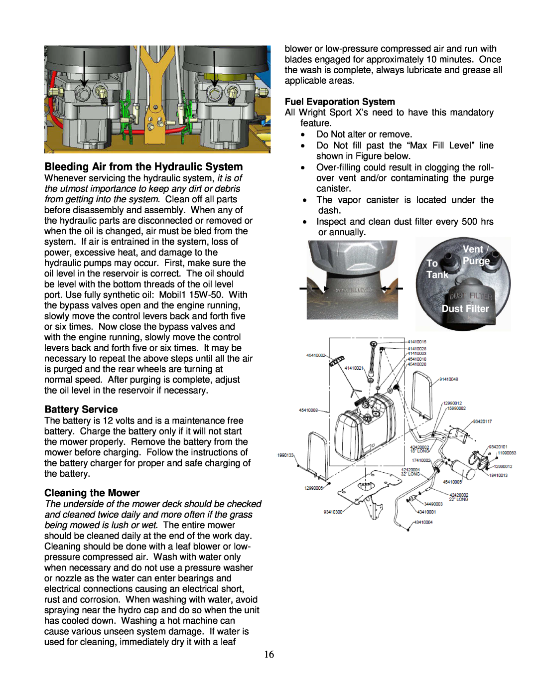 Wright Manufacturing 14SH654 owner manual Bleeding Air from the Hydraulic System, Battery Service, Cleaning the Mower 