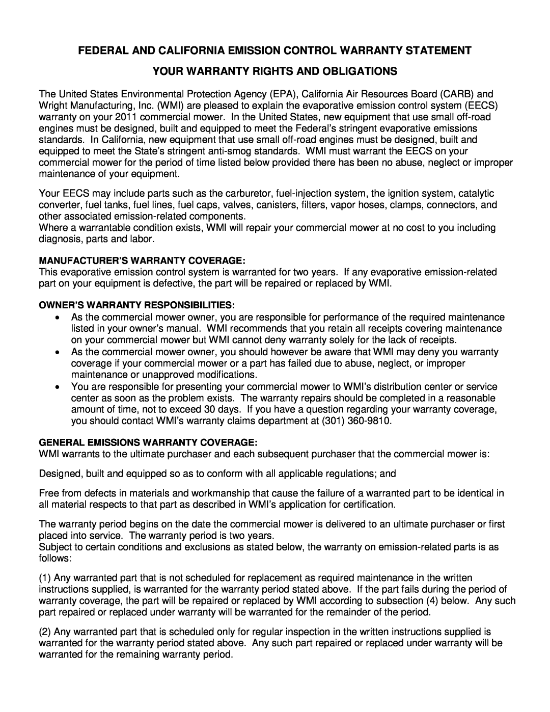 Wright Manufacturing 14SH654 Federal And California Emission Control Warranty Statement, Manufacturer’S Warranty Coverage 