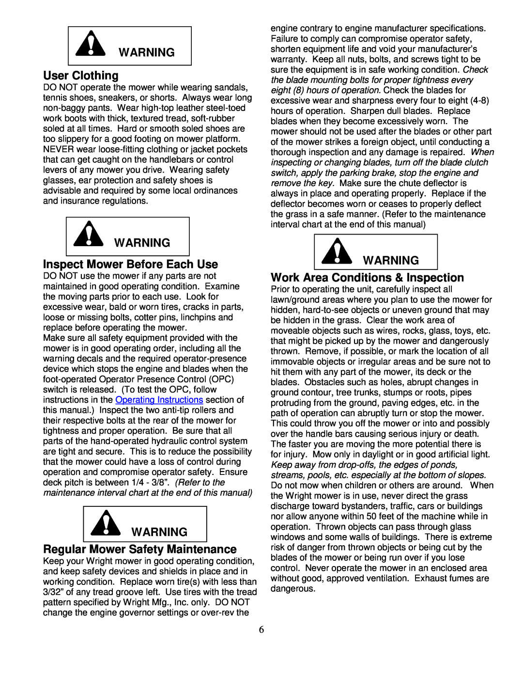 Wright Manufacturing 14SH654 owner manual User Clothing, Inspect Mower Before Each Use, Regular Mower Safety Maintenance 