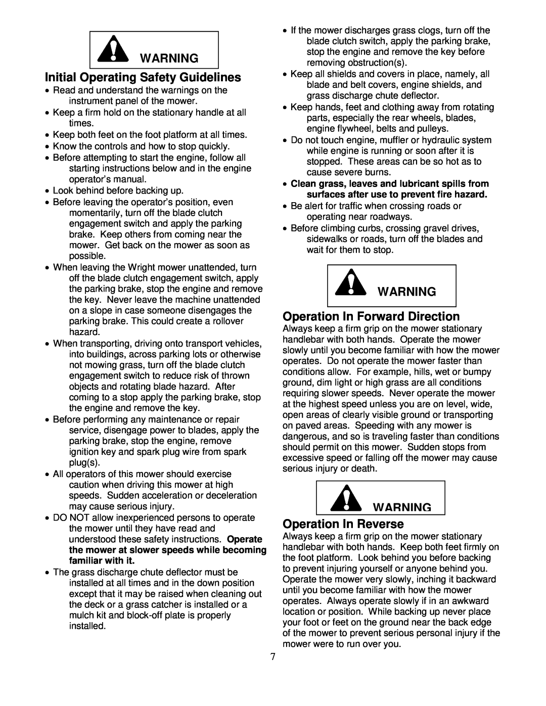 Wright Manufacturing 14SH654 Initial Operating Safety Guidelines, Operation In Forward Direction, Operation In Reverse 