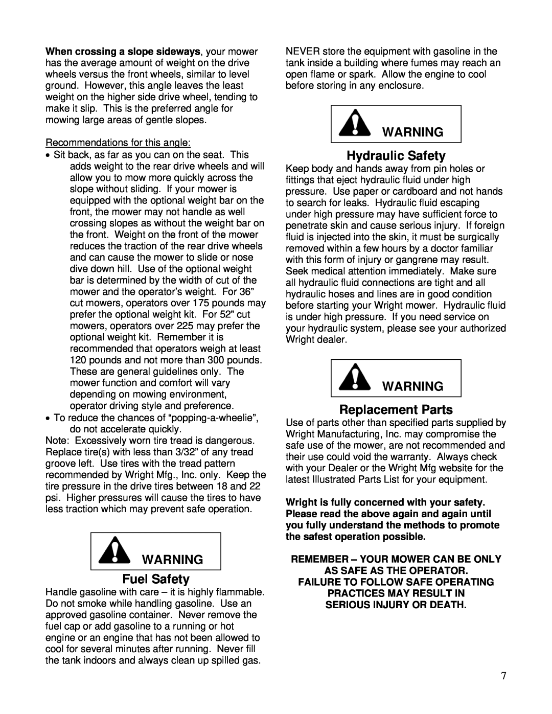 Wright Manufacturing 26077 owner manual Fuel Safety, Hydraulic Safety, Replacement Parts, Remember - Your Mower Can Be Only 