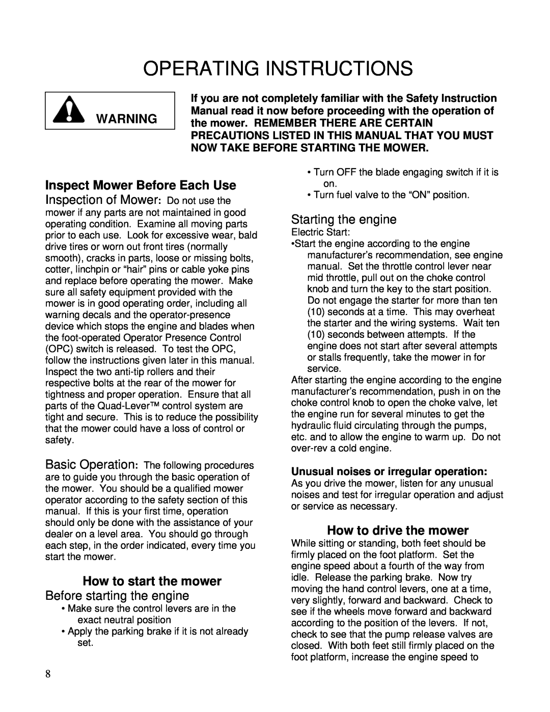 Wright Manufacturing 26077 Operating Instructions, How to start the mower, Before starting the engine, Starting the engine 