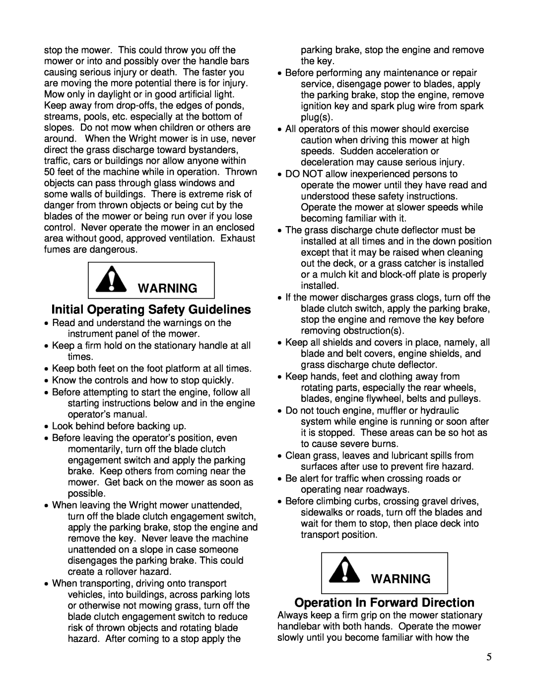Wright Manufacturing 26077 owner manual Initial Operating Safety Guidelines, Operation In Forward Direction 