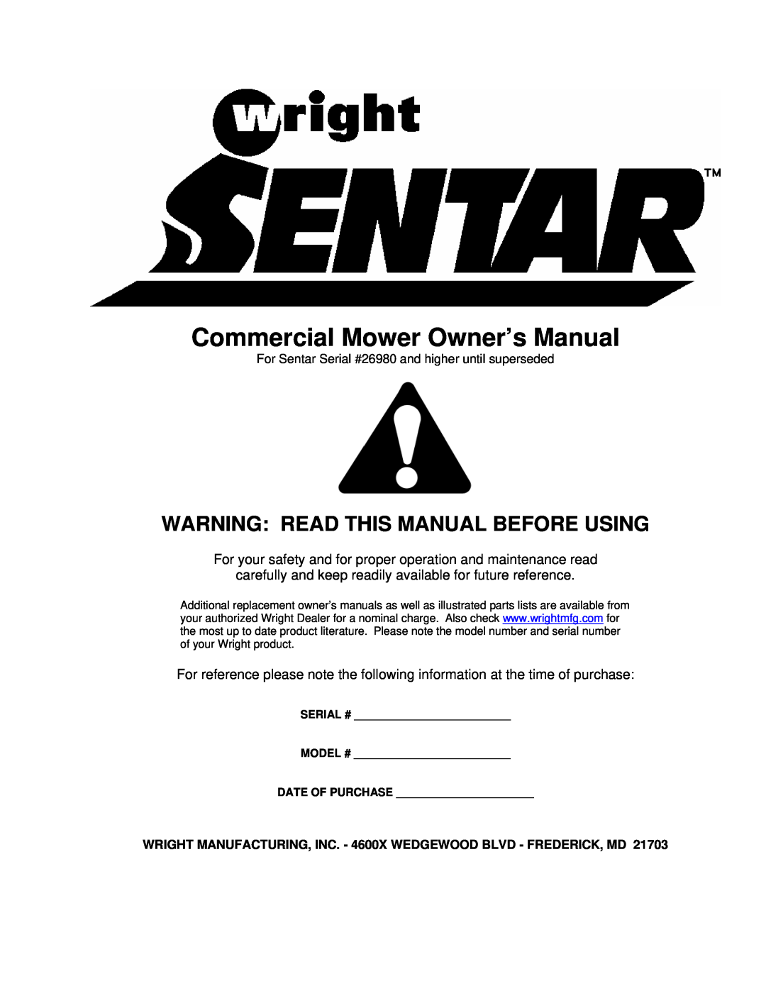 Wright Manufacturing 26980 owner manual Warning Read This Manual Before Using 