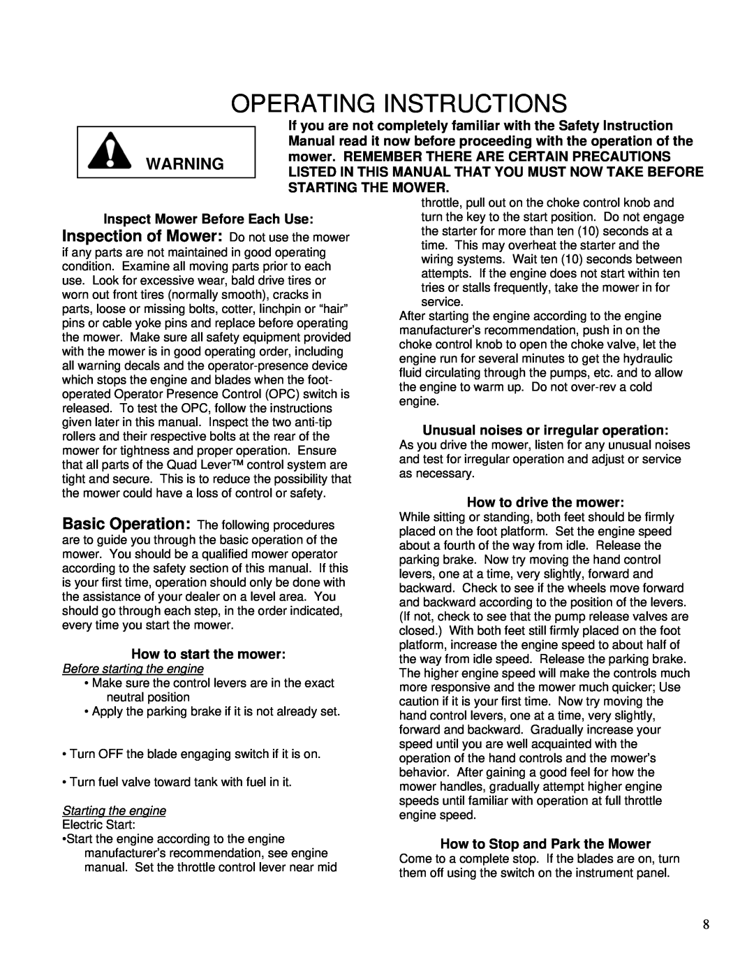 Wright Manufacturing 26980 Operating Instructions, Inspection of Mower Do not use the mower, Inspect Mower Before Each Use 