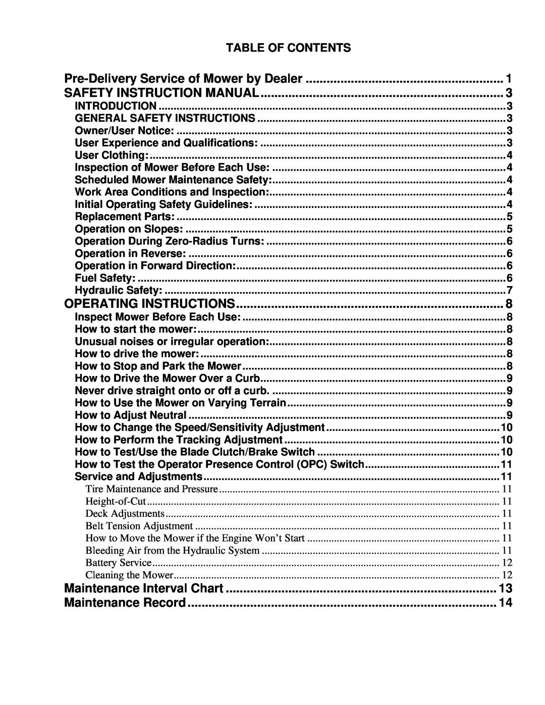 Wright Manufacturing 26980 Table Of Contents, Operating Instructions, Maintenance Interval Chart, Maintenance Record 