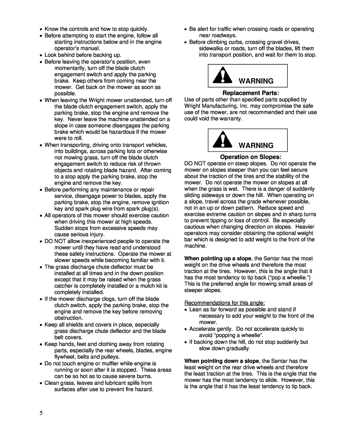Wright Manufacturing 26980 owner manual Replacement Parts, Operation on Slopes 