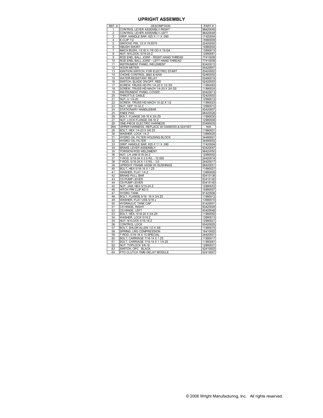 Wright Manufacturing 31423 manual Upright Assembly 