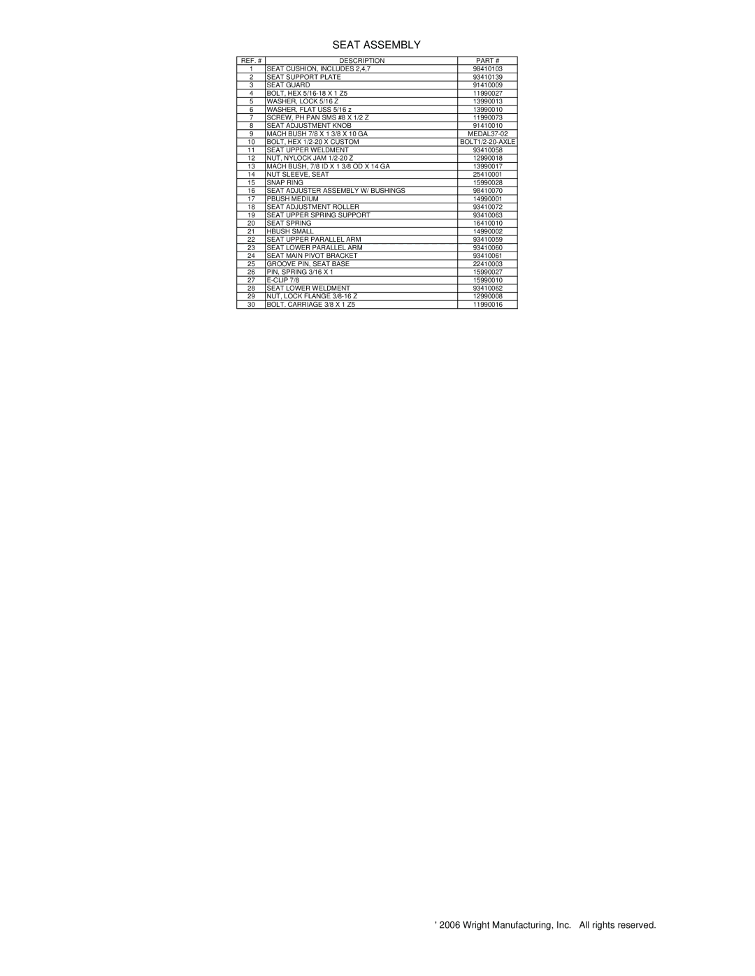 Wright Manufacturing 31423 manual Seat Assembly 