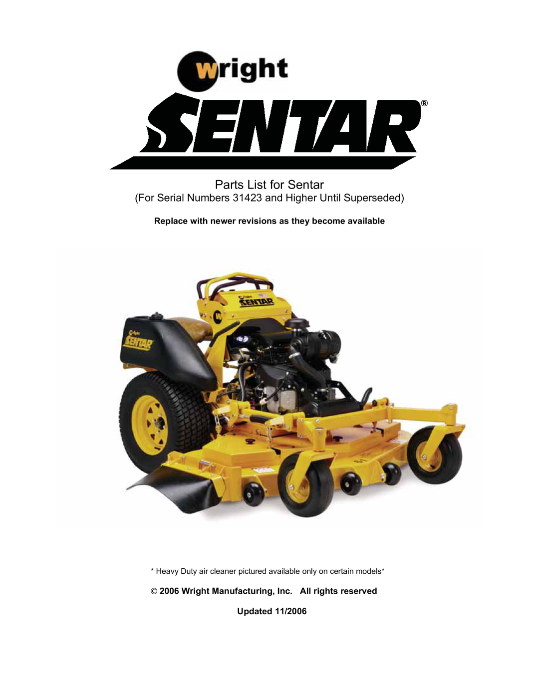 Wright Manufacturing 31423 manual Parts List for Sentar 
