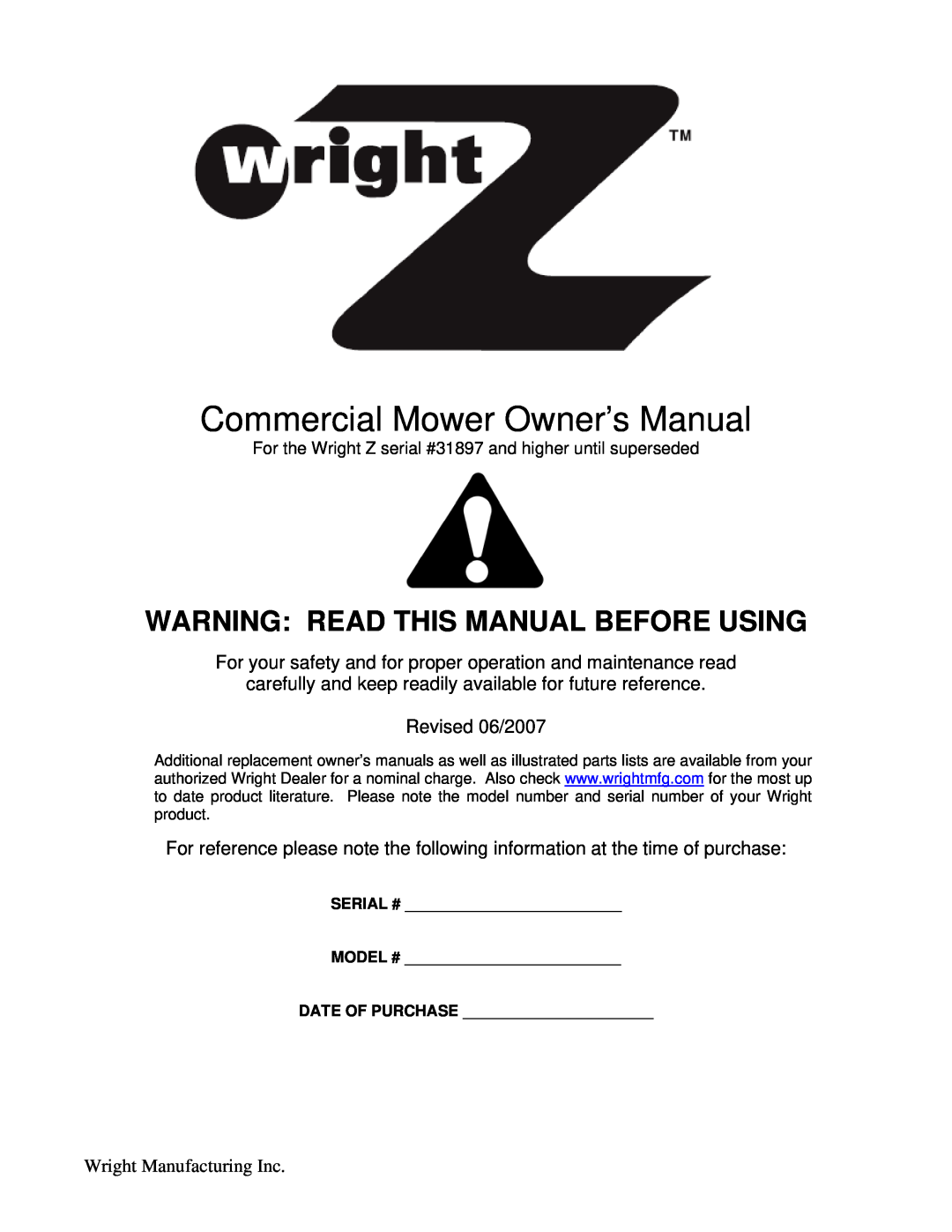Wright Manufacturing 31897 owner manual Warning Read This Manual Before Using 