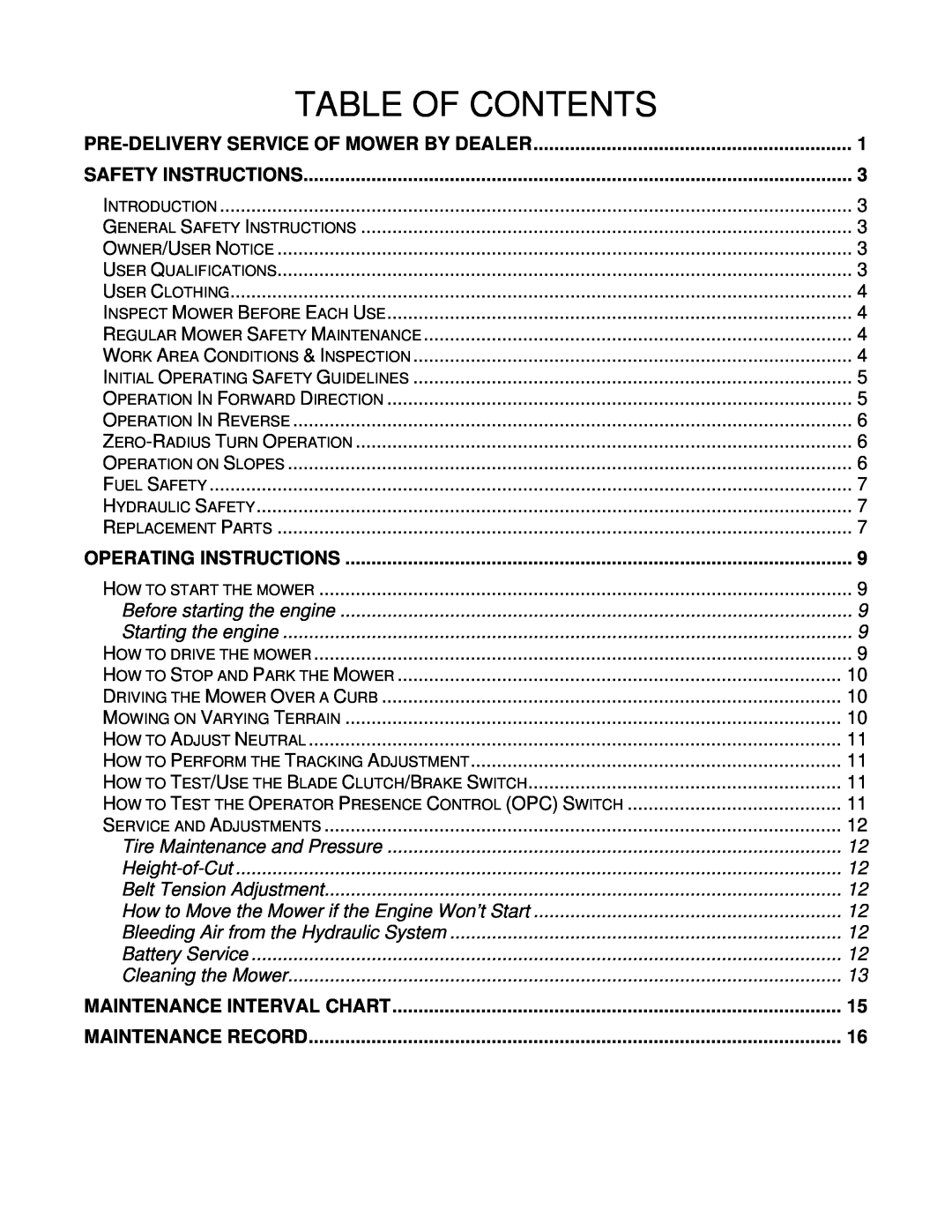 Wright Manufacturing 31897 owner manual Table Of Contents 