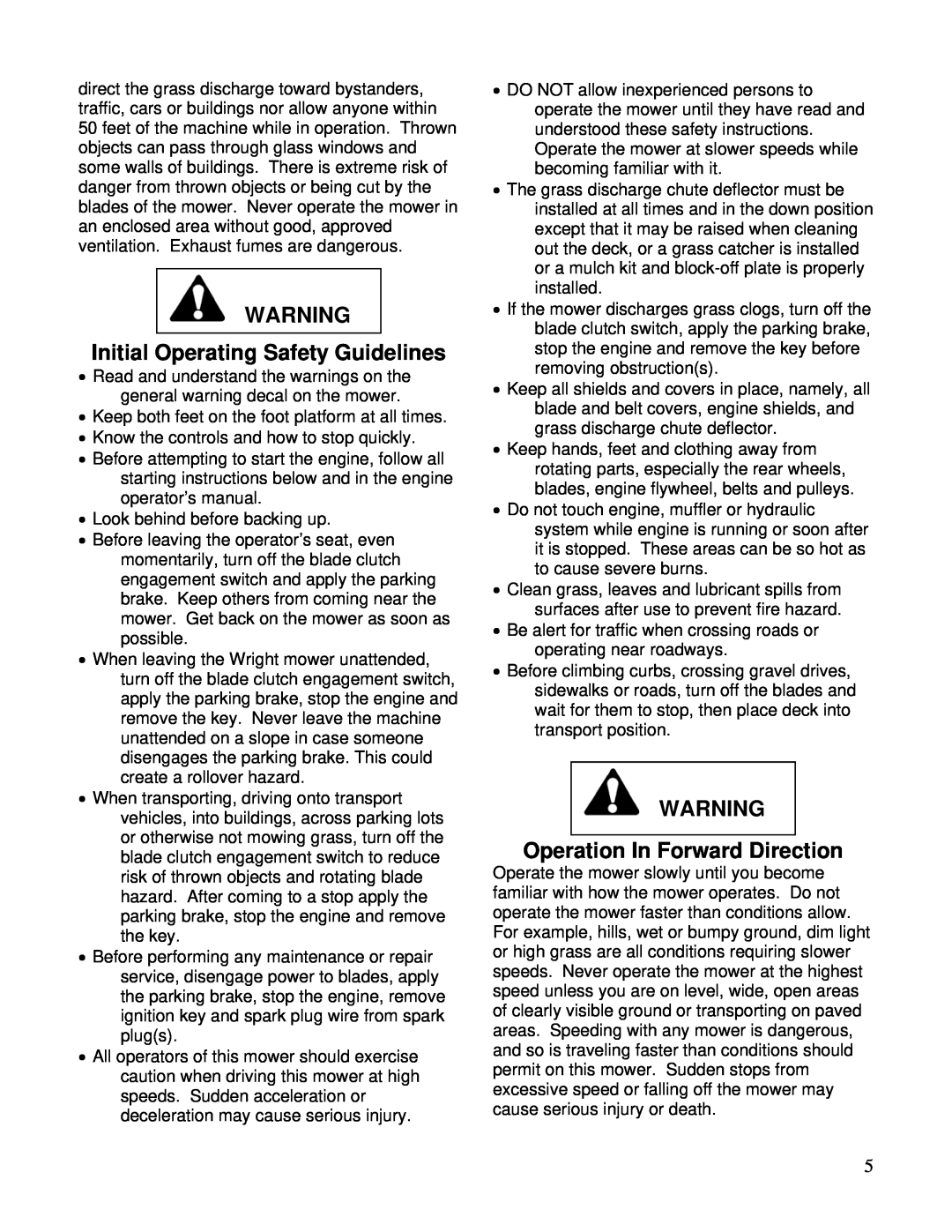 Wright Manufacturing 31897 owner manual Initial Operating Safety Guidelines, Operation In Forward Direction 