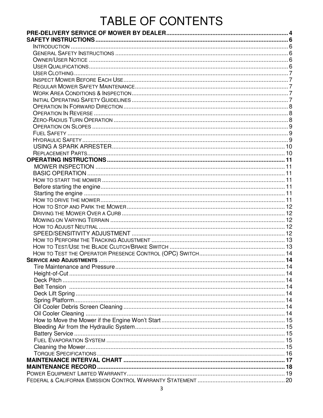 Wright Manufacturing 4212, 4219, 4215, 4216, 4211, 4214, 4213 owner manual Table of Contents 