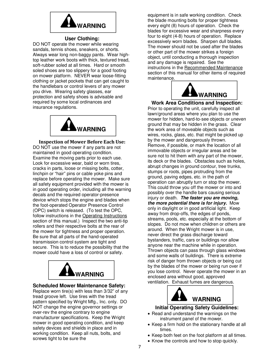 Wright Manufacturing 4219, 4215 User Clothing, Scheduled Mower Maintenance Safety, Work Area Conditions and Inspection 