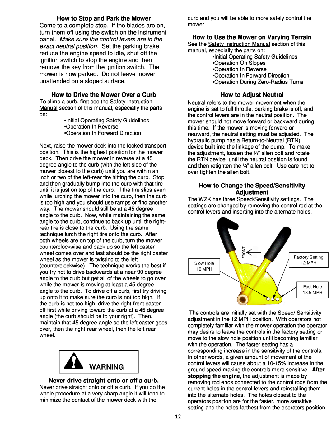 Wright Manufacturing 4214, 4219 How to Stop and Park the Mower, How to Drive the Mower Over a Curb, How to Adjust Neutral 
