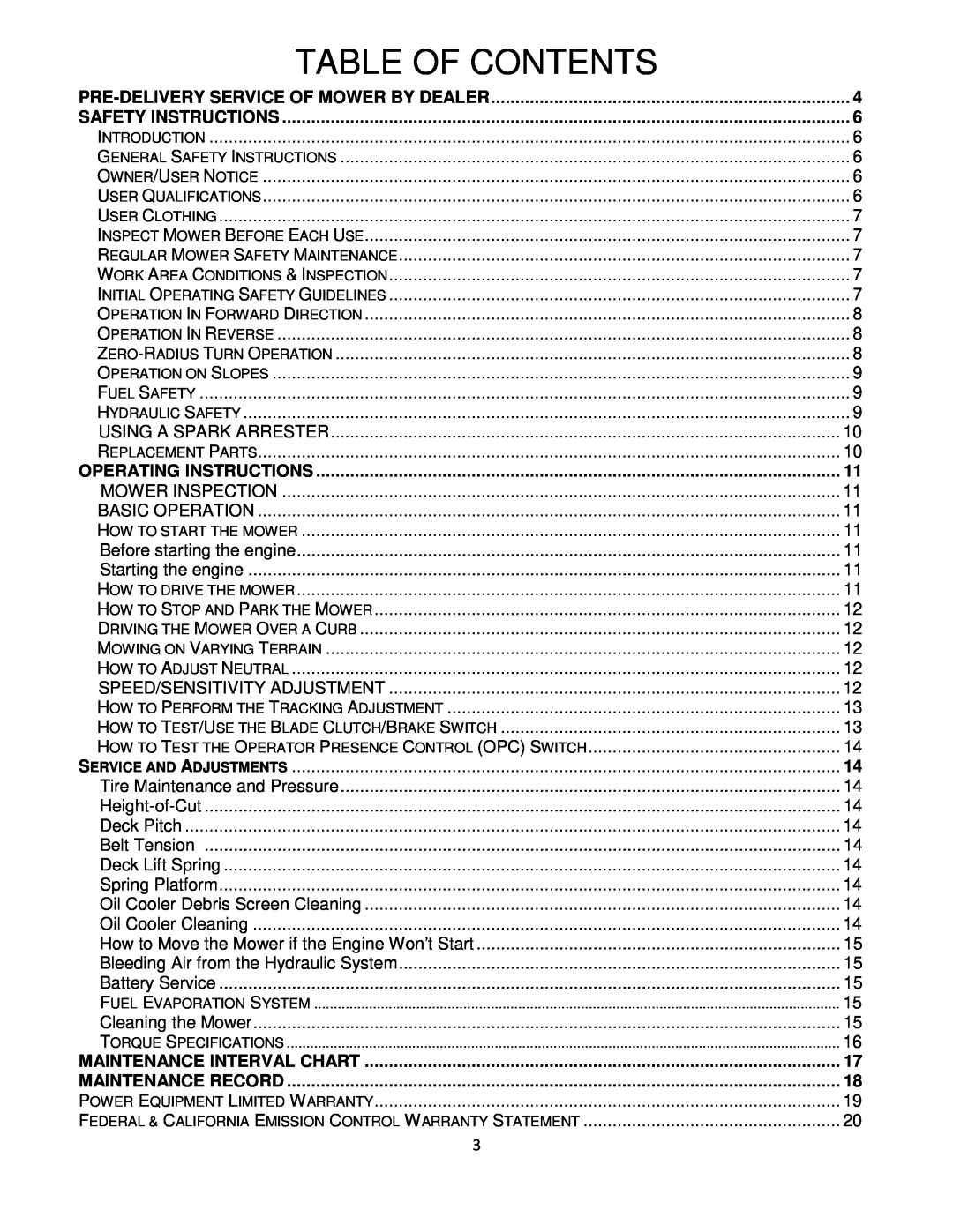 Wright Manufacturing 4212 Table Of Contents, Pre-Deliveryservice Of Mower By Dealer, Safety Instructions, Height-of-Cut 