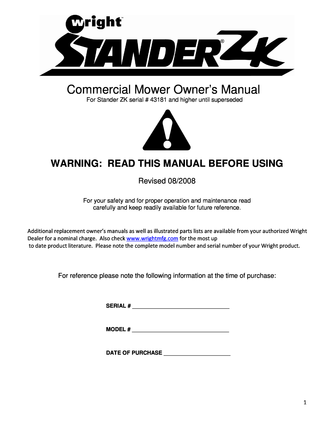 Wright Manufacturing 43181 owner manual Warning Read This Manual Before Using, Revised 08/2008 