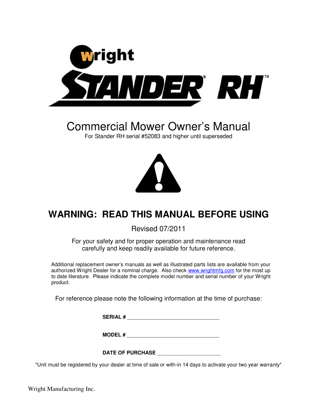 Wright Manufacturing 52083 owner manual Revised 07/2011 