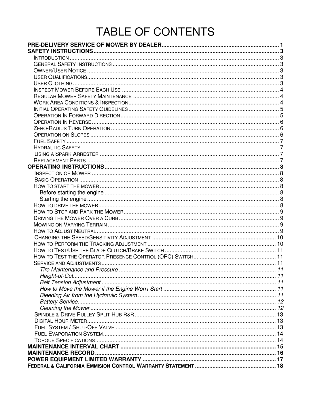 Wright Manufacturing 52083 owner manual Table of Contents 