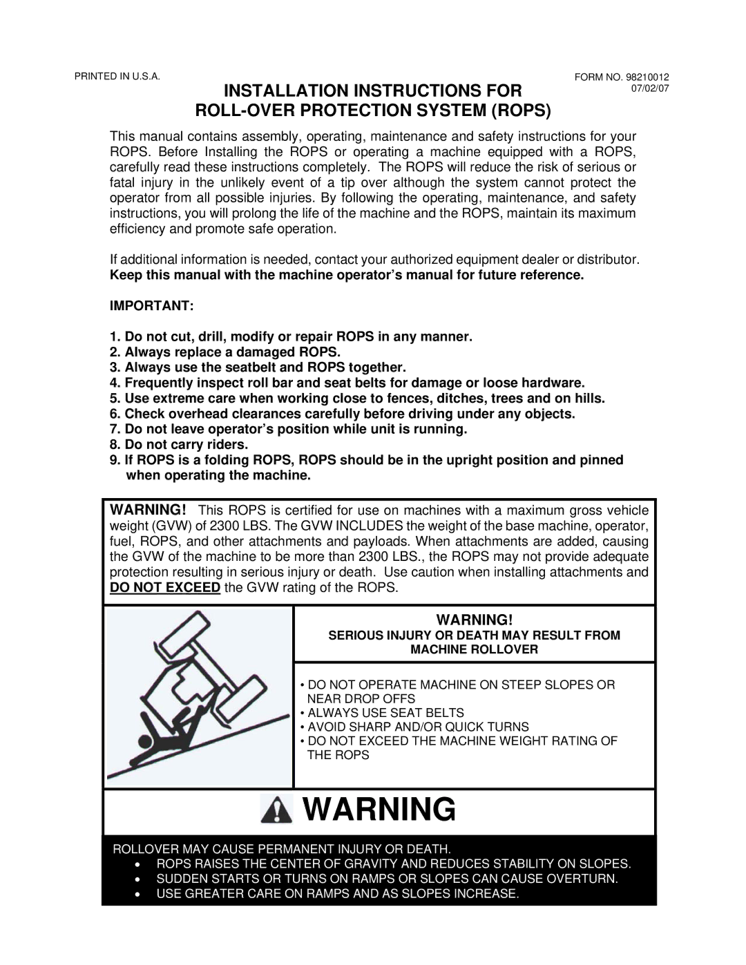 Wright Manufacturing 98210001 operation manual Serious Injury or Death MAY Result from Machine Rollover 