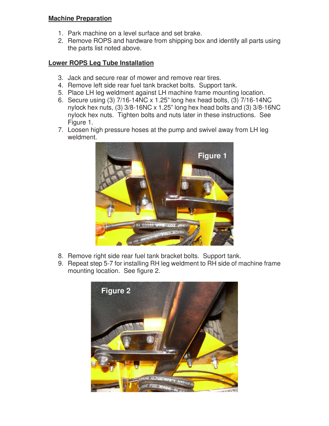 Wright Manufacturing 98210001 operation manual Machine Preparation, Lower Rops Leg Tube Installation 