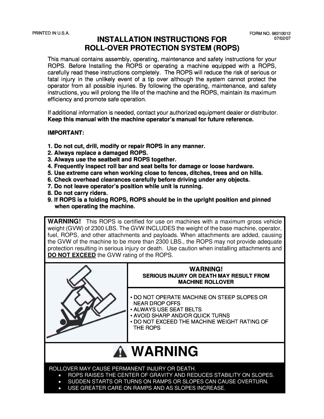 Wright Manufacturing 98210001 operation manual Installation Instructions For, Roll-Overprotection System Rops 