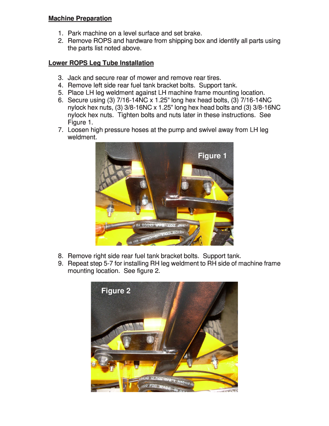 Wright Manufacturing 98210001 operation manual Machine Preparation, Lower ROPS Leg Tube Installation 