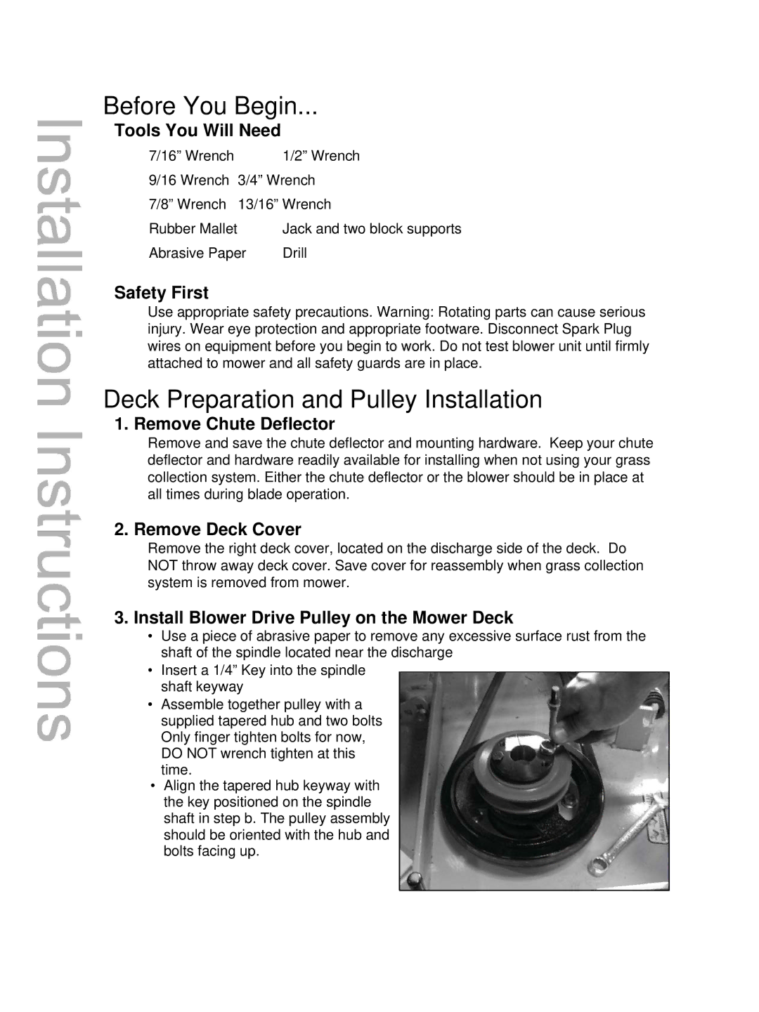 Wright Manufacturing 98320008, 98320009, 98320010, 98320007 Before You Begin, Deck Preparation and Pulley Installation 