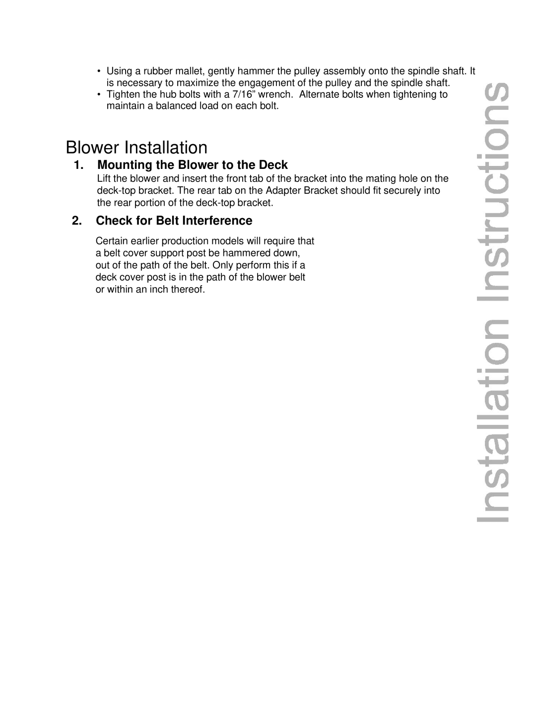 Wright Manufacturing 98320007, 98320009 Blower Installation, Mounting the Blower to the Deck, Check for Belt Interference 