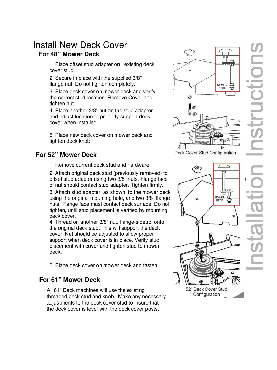 Wright Manufacturing 98320009, 98320010 Install New Deck Cover, For 48 Mower Deck, For 52 Mower Deck, For 61 Mower Deck 