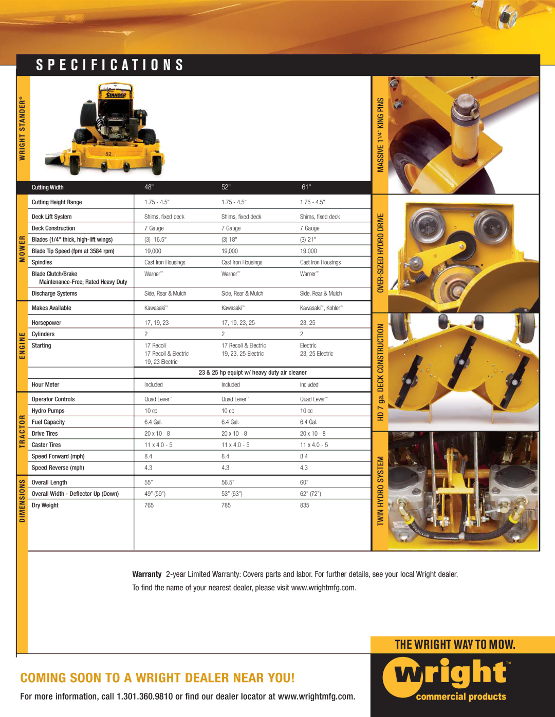 Wright Manufacturing Lawn Mower specifications Specification S, 11/4 King Pins, Drive, Twin 